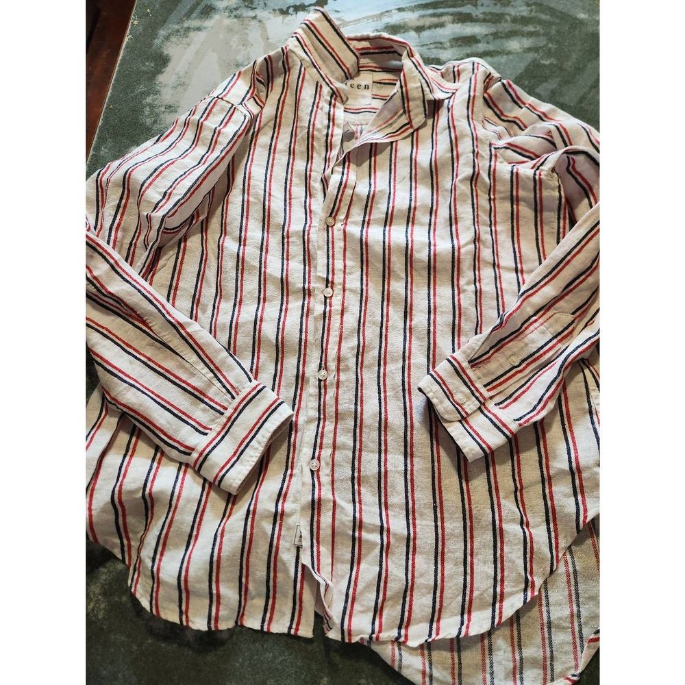 Frank&Eileen Finbar men's linen blend striped red,white&blue button down shirt s